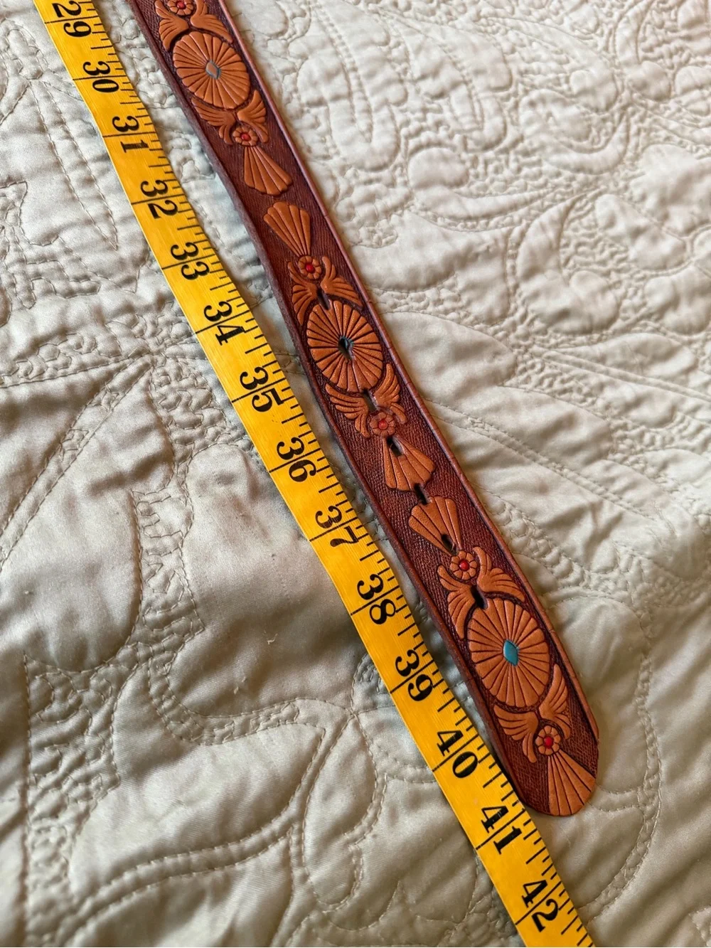 Stunning VTG Tooled Leather Zuni Sun Hand Painted Western Boho Belt Aztec, L
